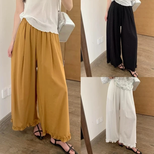 薇莎2592【花边裤】九分慵懒风拼接薄款阔腿休闲裤