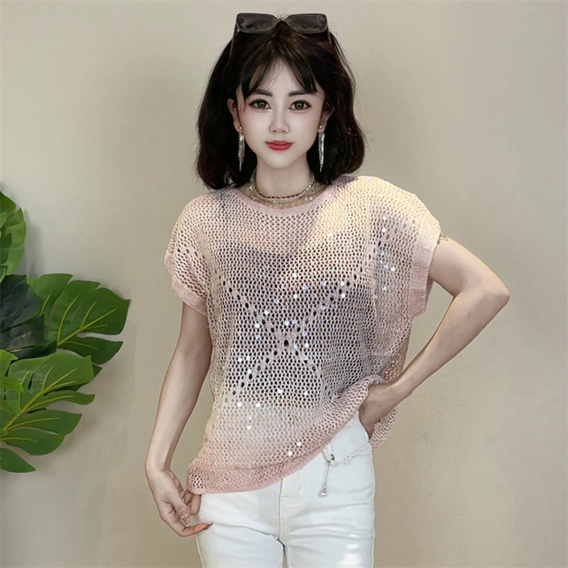 迪否亮片镂空针织衫女夏季2025新款短袖T恤洋气减龄宽松上衣2182