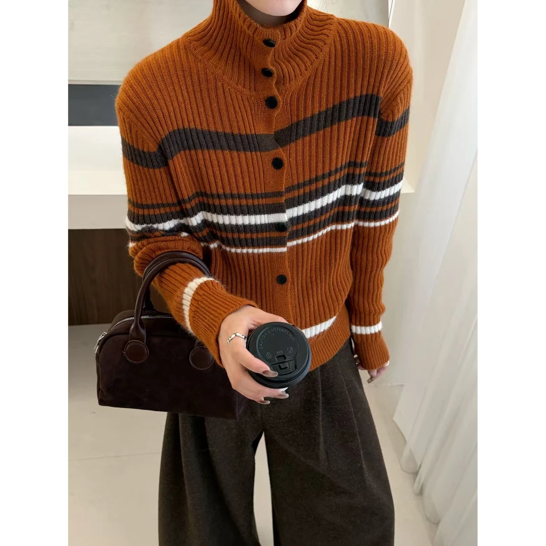 新款百搭高领条纹拼色时尚气质宽松百毛衣针织开衫女上衣G9-83