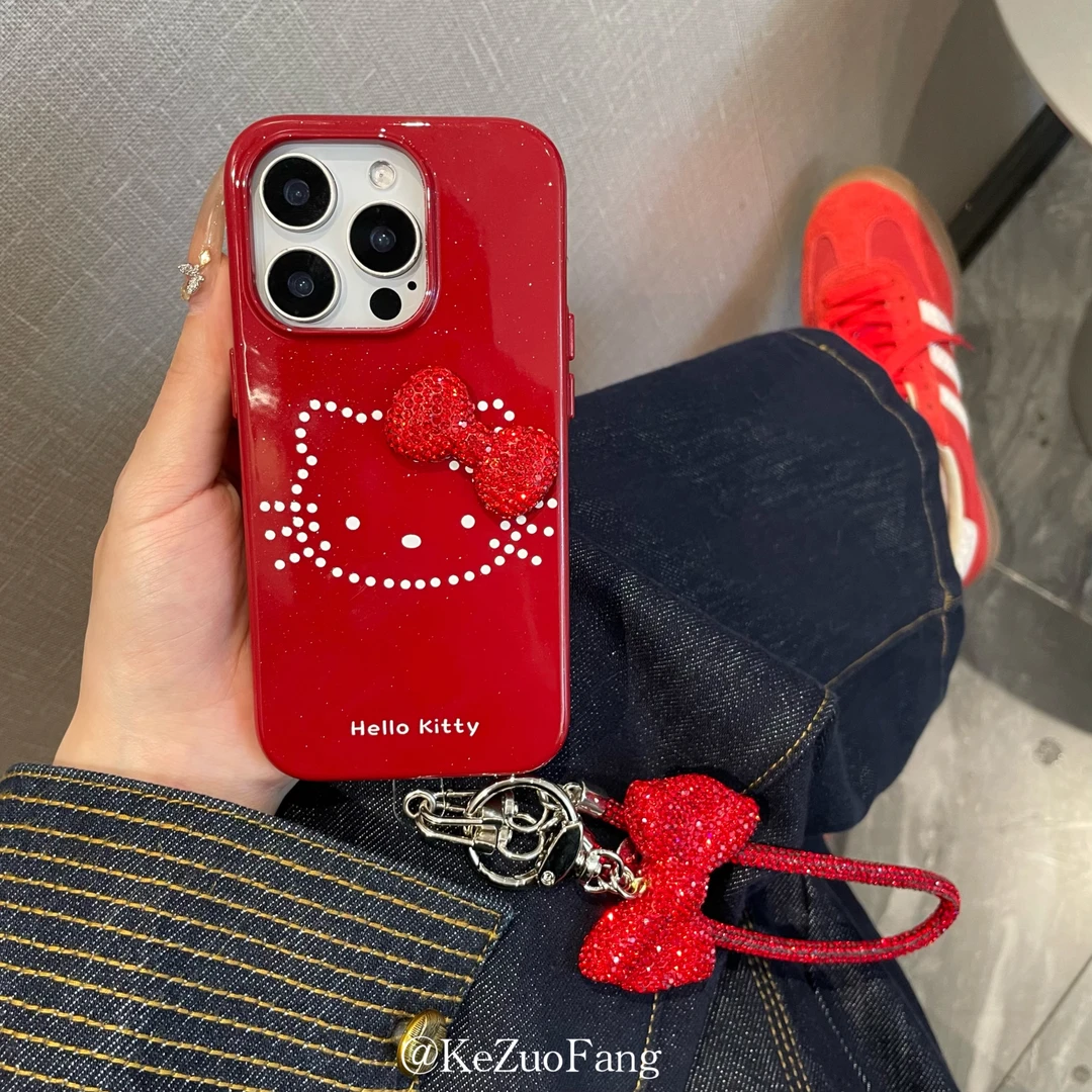 新年红钻石蝴蝶结kt猫咪适用iPhone16Promax手机壳苹果15手提链14