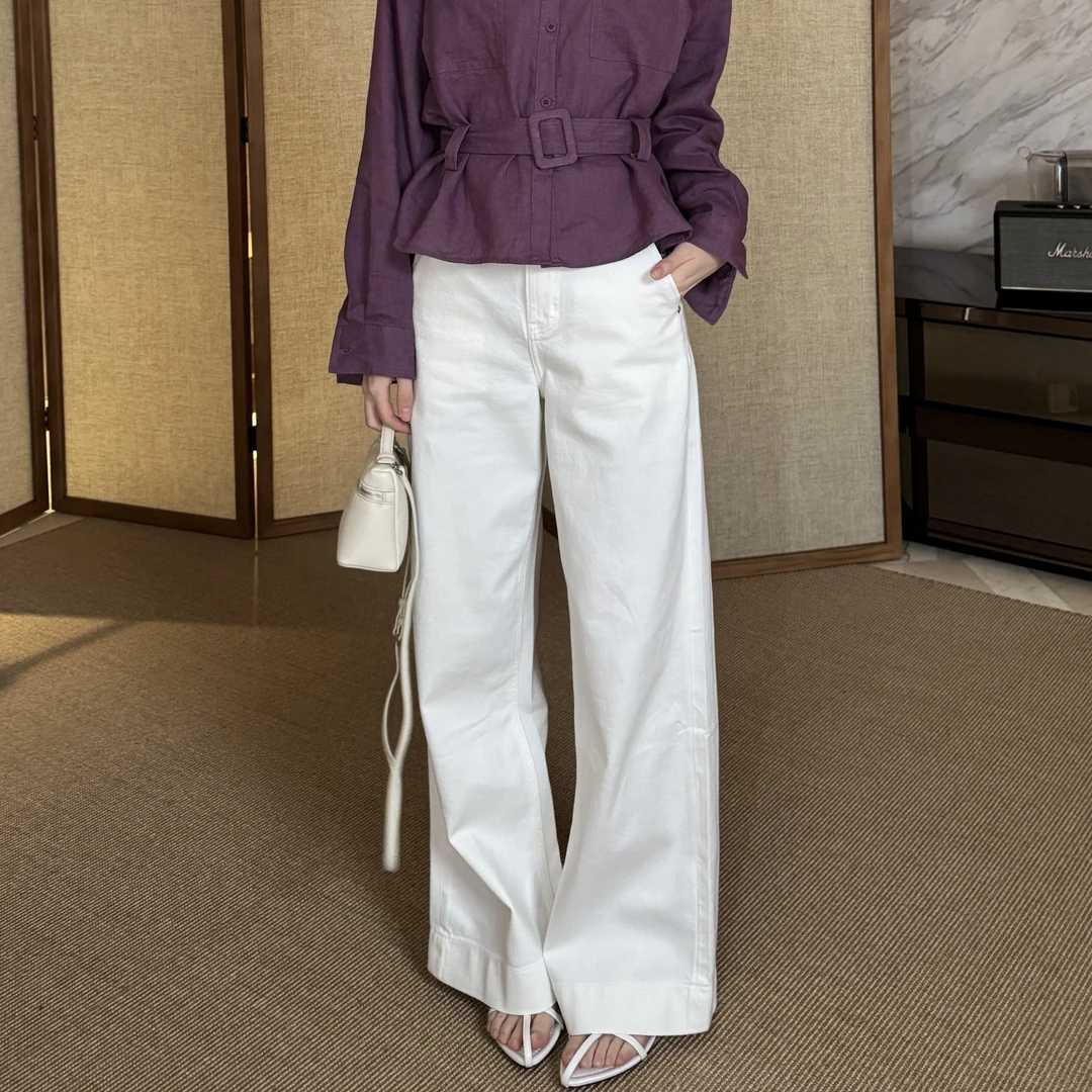 【CORIN YI】高级感白色弹力微喇牛仔裤ins潮流直筒宽松长裤休闲