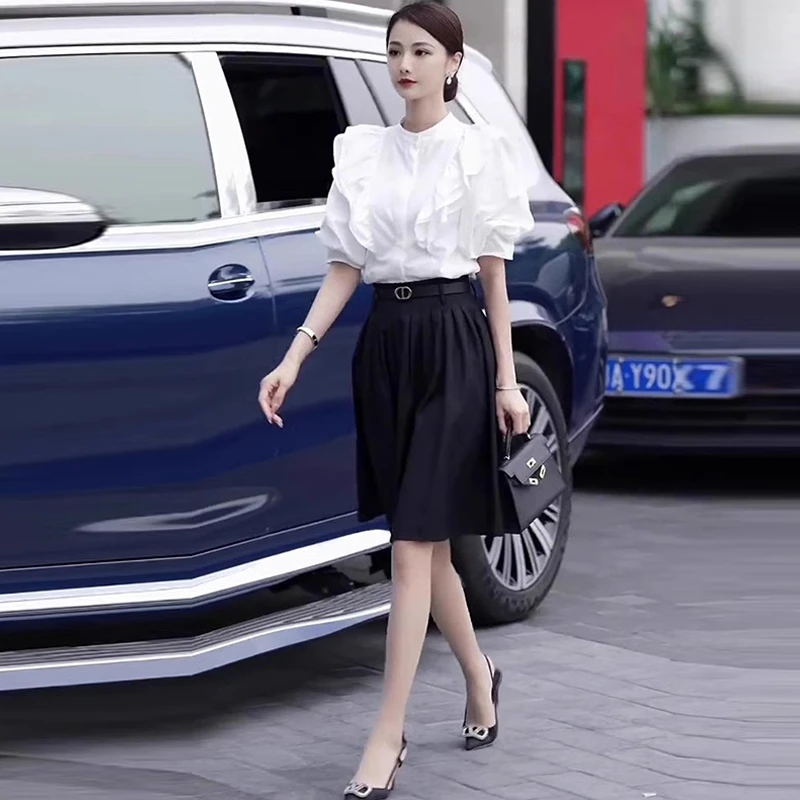 夏季新款今年流行气质名媛高端法式别致绝美上衣裙子职业两件套装