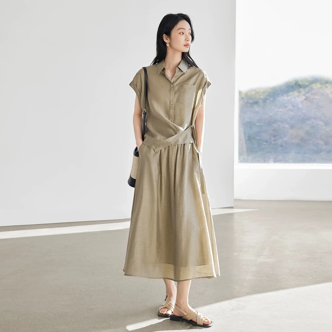 【多拉专属】时尚百搭纯色无袖衬衫+半身裙两件套套装SS26216