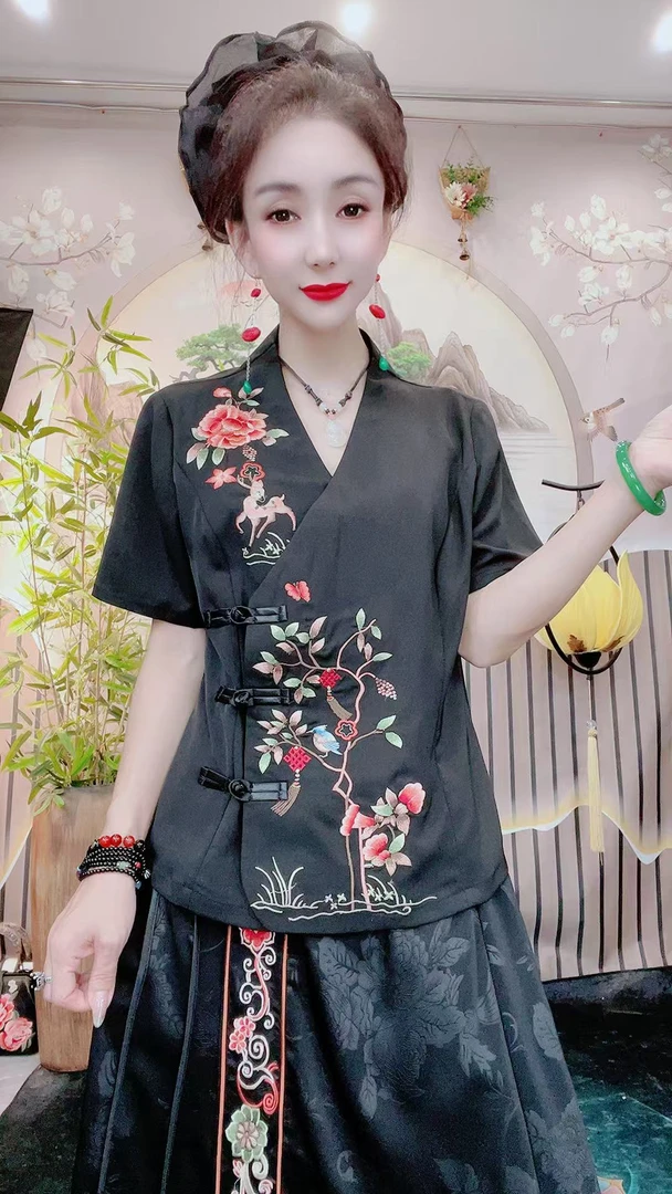 新中式绣花盘扣短袖上衣6111