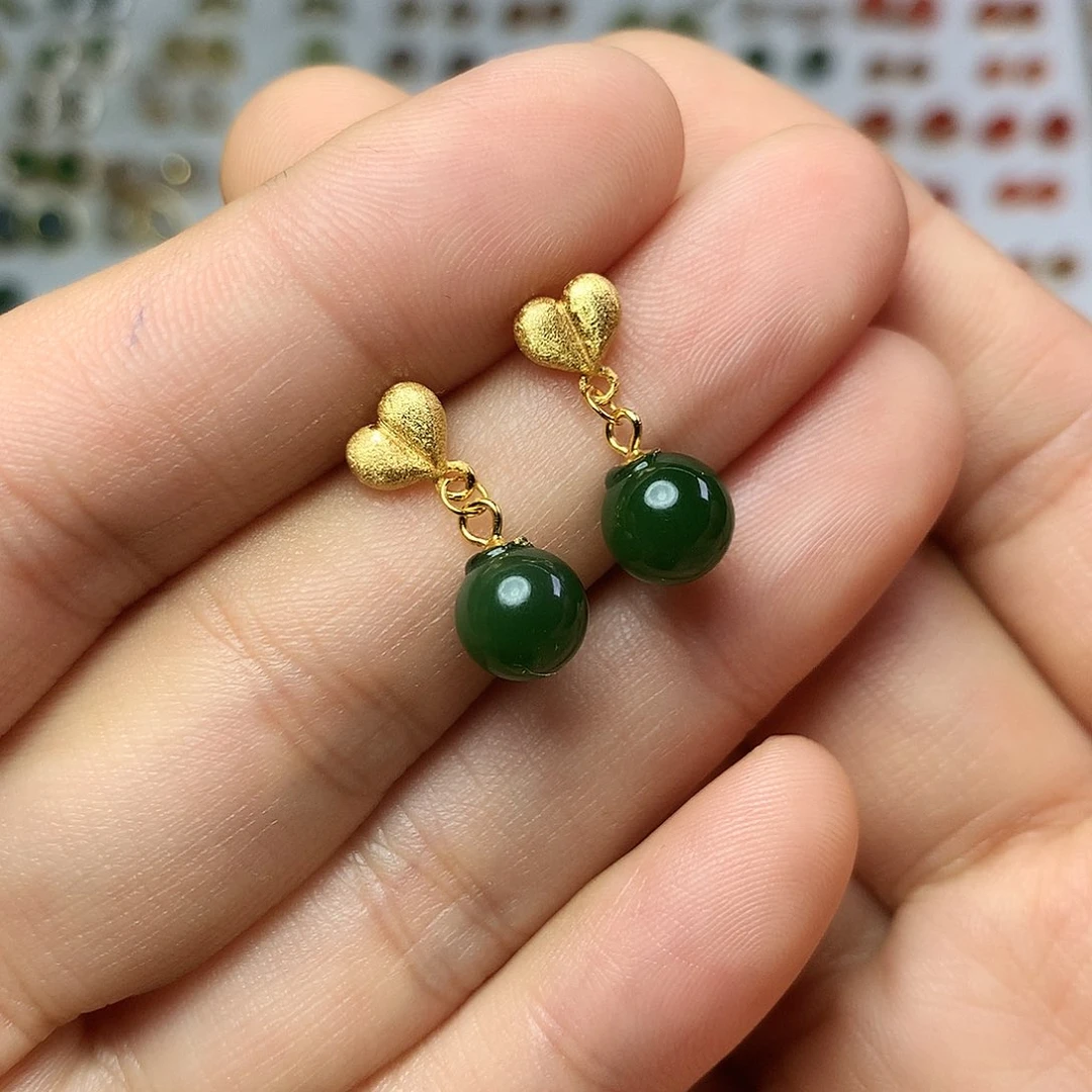 银S925镀金镶嵌和田玉（碧玉）耳饰吉**宝