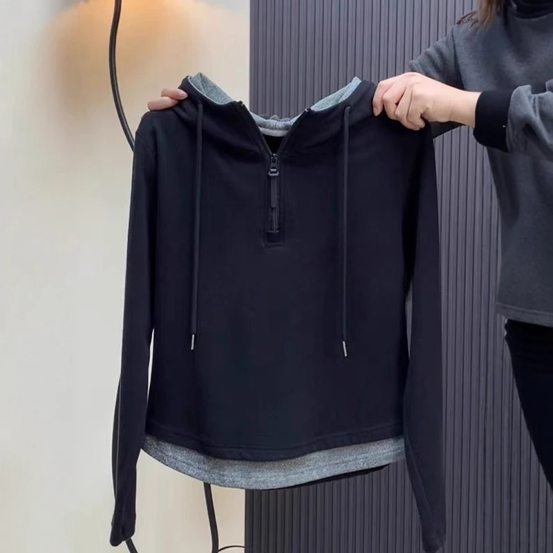 大码胖mm修身半拉链连帽假两件卫衣女秋季显瘦休闲风百搭长袖上衣