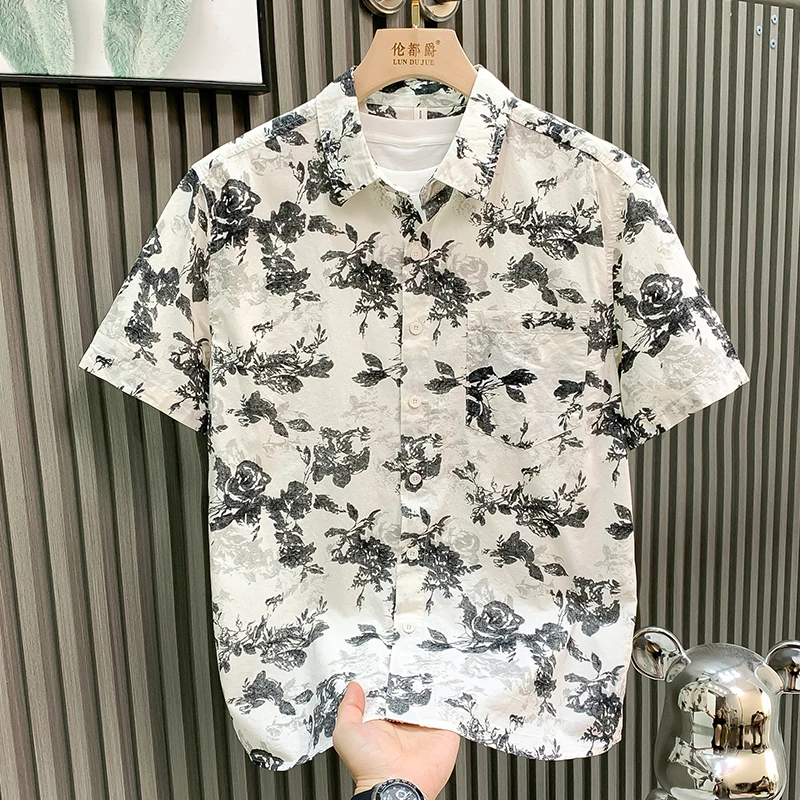 夏季清新印花短袖衬衫男士时尚印花上衣轻奢潮牌休闲风百搭衬衣男