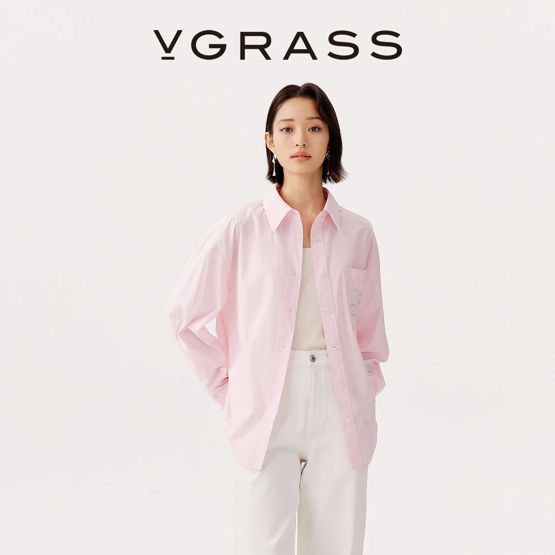 【羊羊专属】VGRASS棉府绸廓形衬衫25早秋新款logo绣花落肩上衣