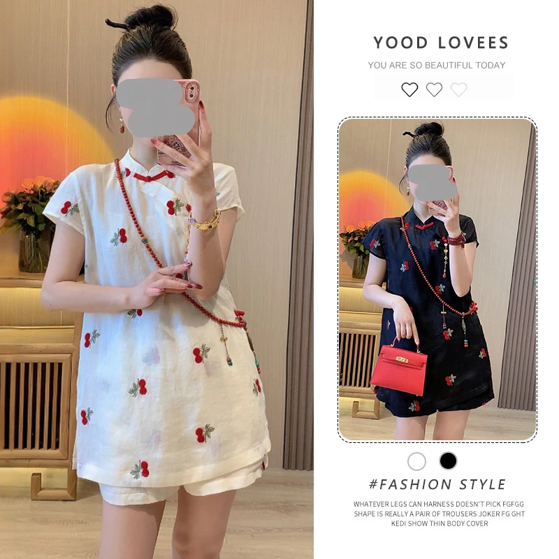 2025夏季新款新中式国风复古显瘦斜襟樱桃刺绣短袖上衣女短裤套装