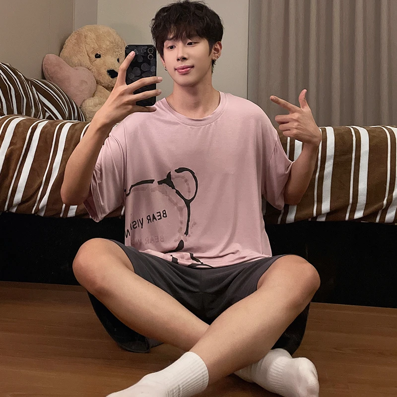莫代尔棉男士睡衣夏季短袖薄款卡通宽松大码可外穿夏天家居服套装
