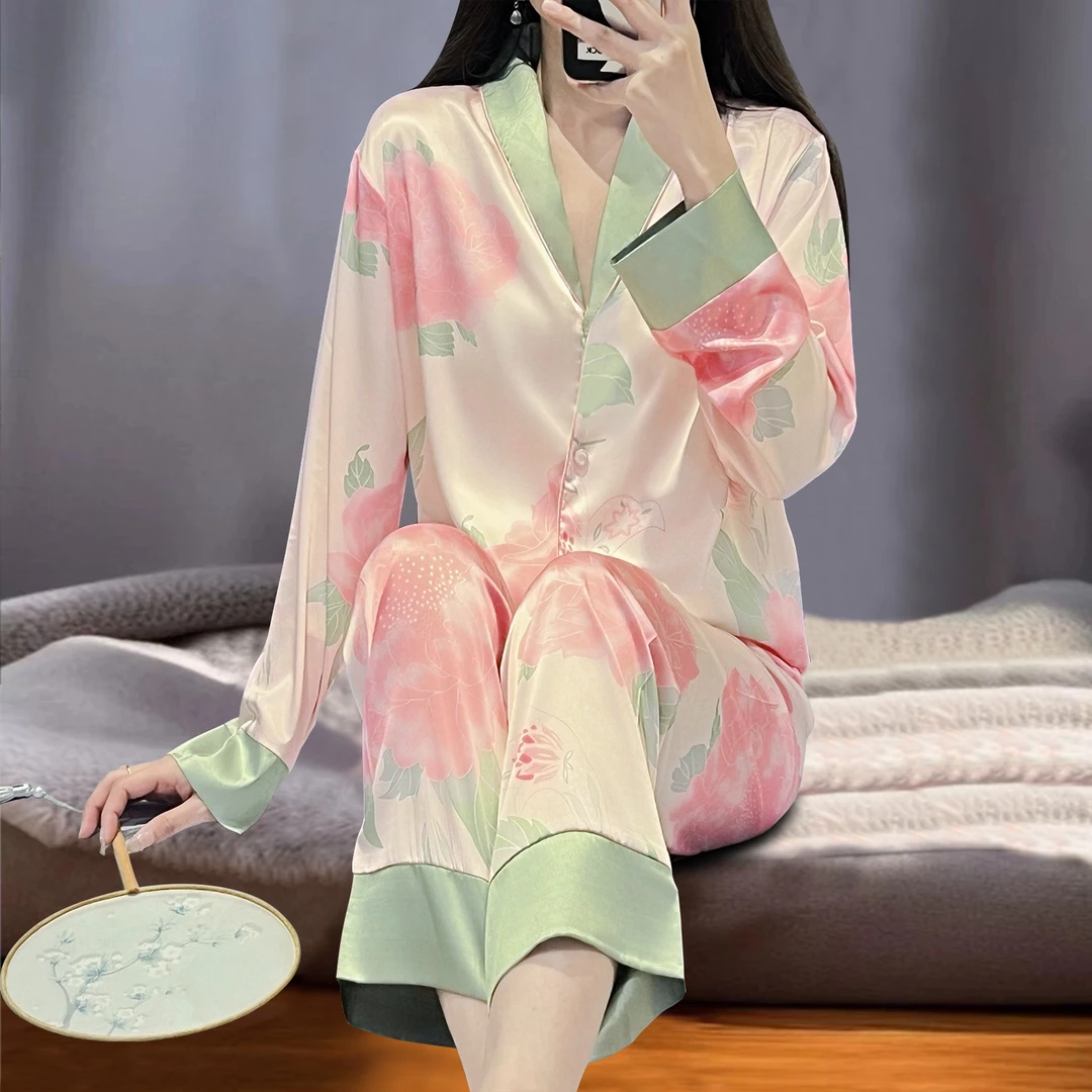 夏季冰丝印花睡衣女长袖100%高级感两件套轻奢春秋2025新款家居服