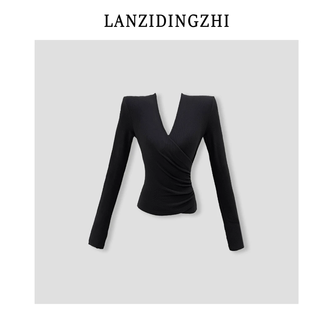 「叶落胭脂」简约交叉设计感v领显瘦百搭时尚打底长袖上衣