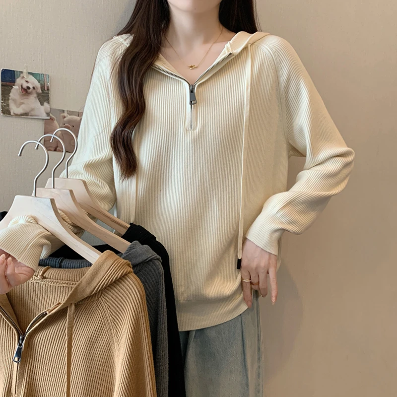 3421大码女装2024秋装新款时尚针织衫胖妹妹百搭连帽套头毛衣外套