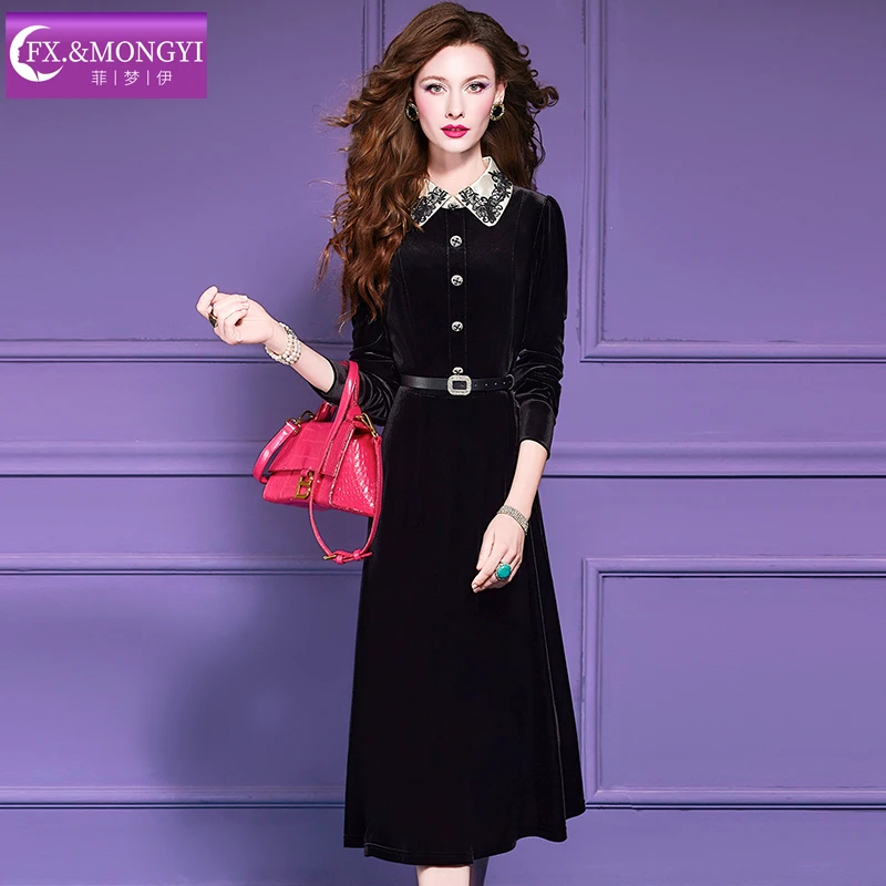 菲梦伊黑色绣花金丝绒衬衫连衣裙秋季法式赫本风收腰中长裙67131