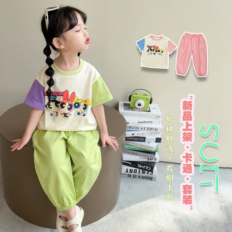 2025夏季女童新款套装卡通可爱印花撞色短袖休闲裤两件套