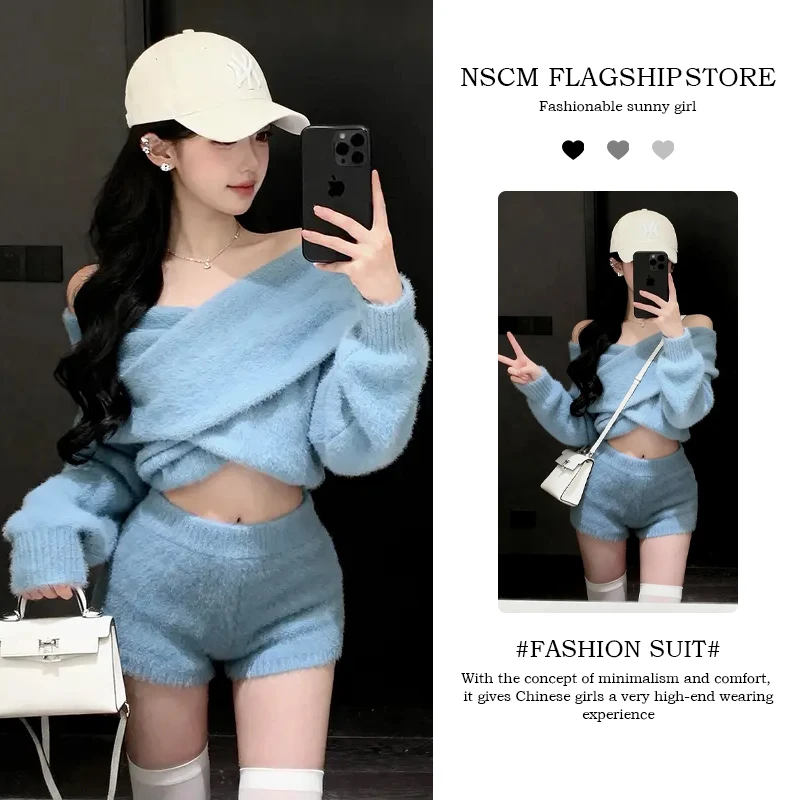 NSCM秋冬新款网红洋气炸街女装不规则短款针织毛衣百搭短裤热裤