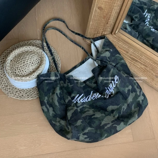 「Ohyoudo」‘复古迷彩’百搭托特包/时尚ins感做旧单肩包博主穿搭