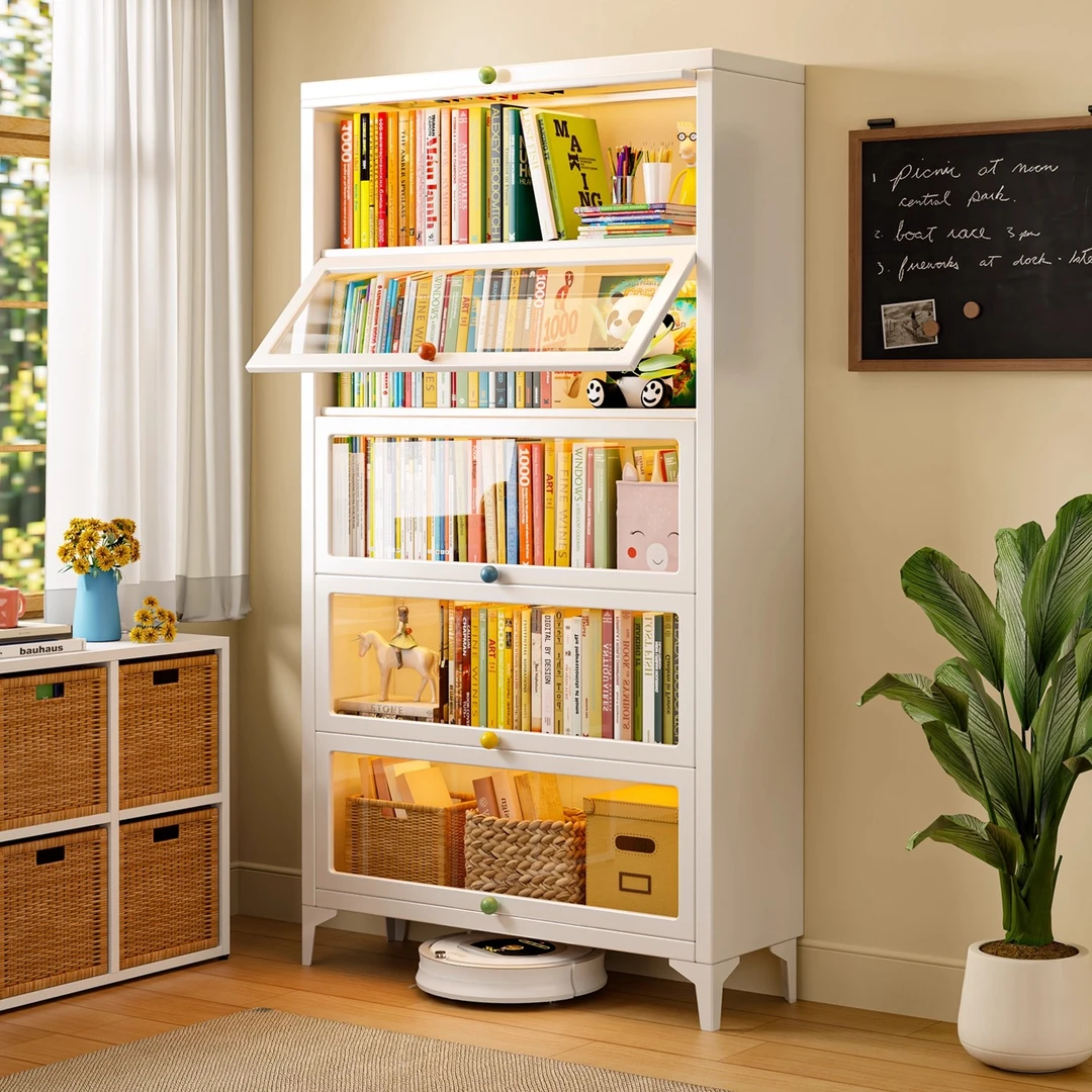 钢制书柜带玻璃门儿童书架家用客厅展示柜落地多层储物柜收纳痛柜