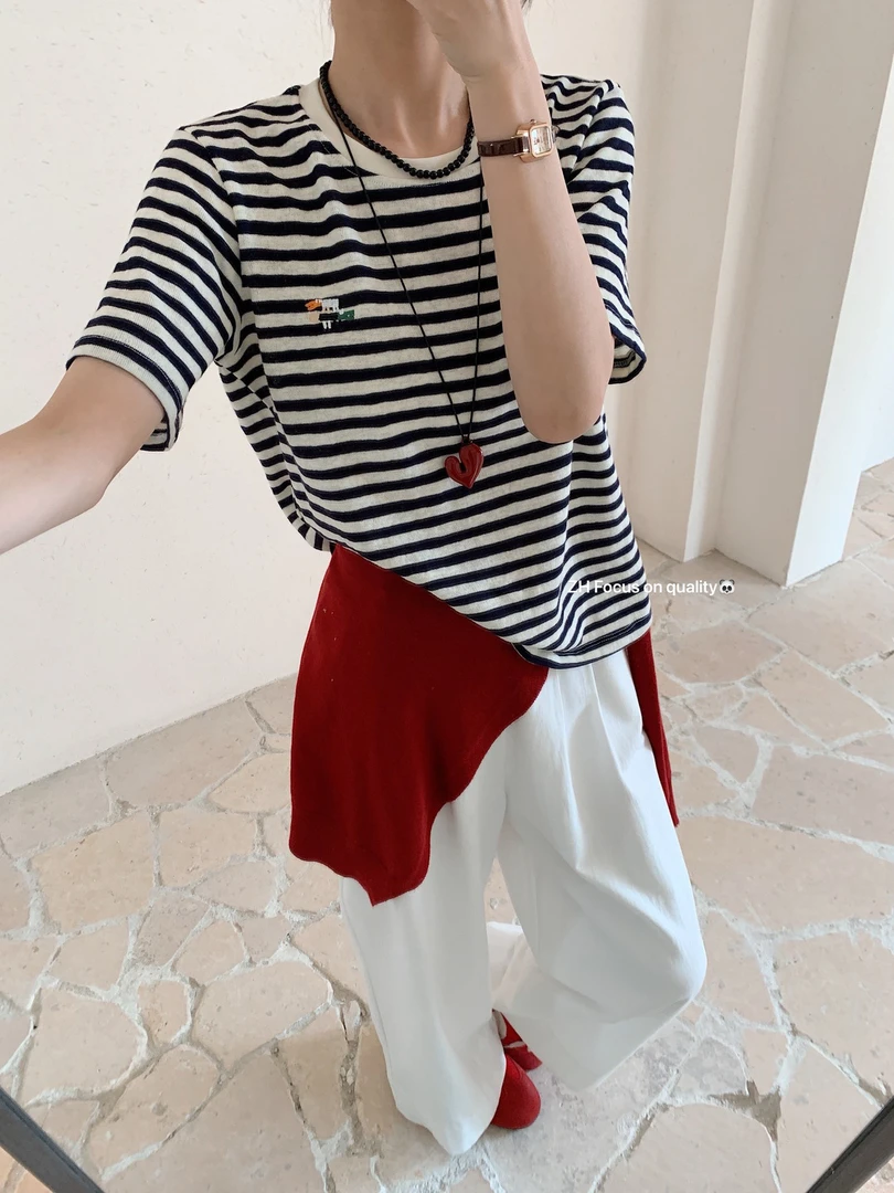 172590 条纹刺绣小鳄鱼短袖T