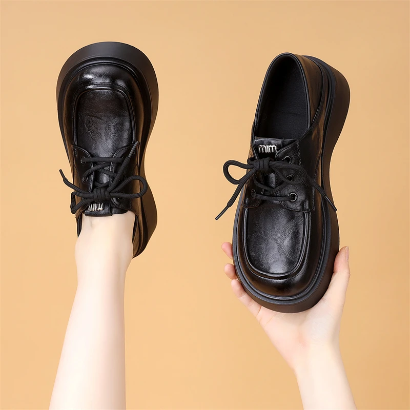 厚底英伦风小皮鞋女2025春季新款时尚单鞋复古棕色圆头两穿乐福鞋