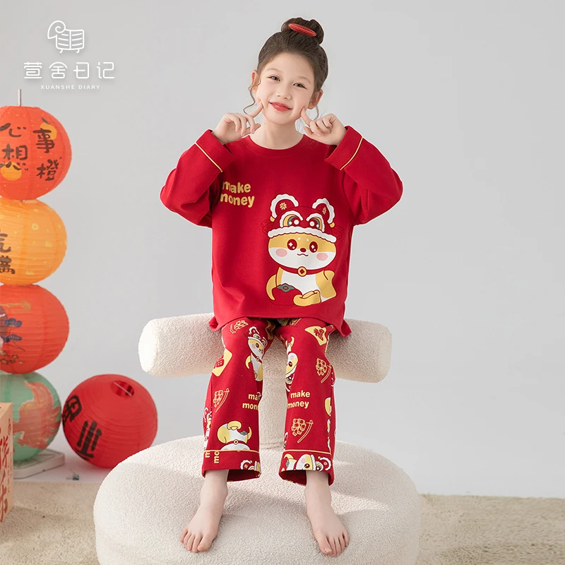 儿童睡衣纯棉长袖红色春季新年喜庆中大童薄女童家居服套装31348