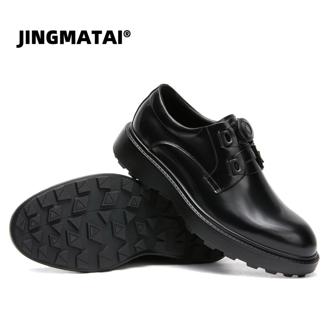 JINGMATAI男士男款德比真皮增高商务厚底英伦风秋冬款皮鞋黑色