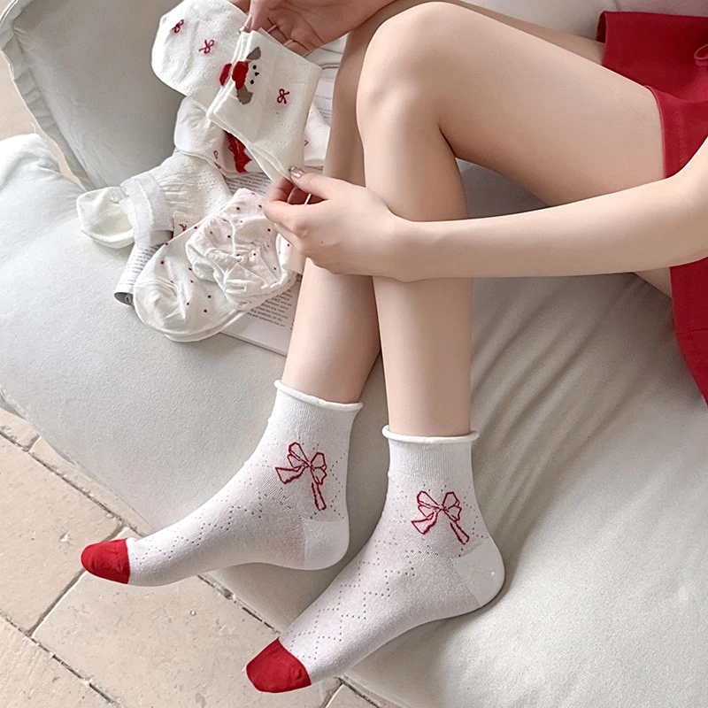 夏季女中筒袜薄款红色卡通印花夏季短袜白色袜子ins少女透气女袜