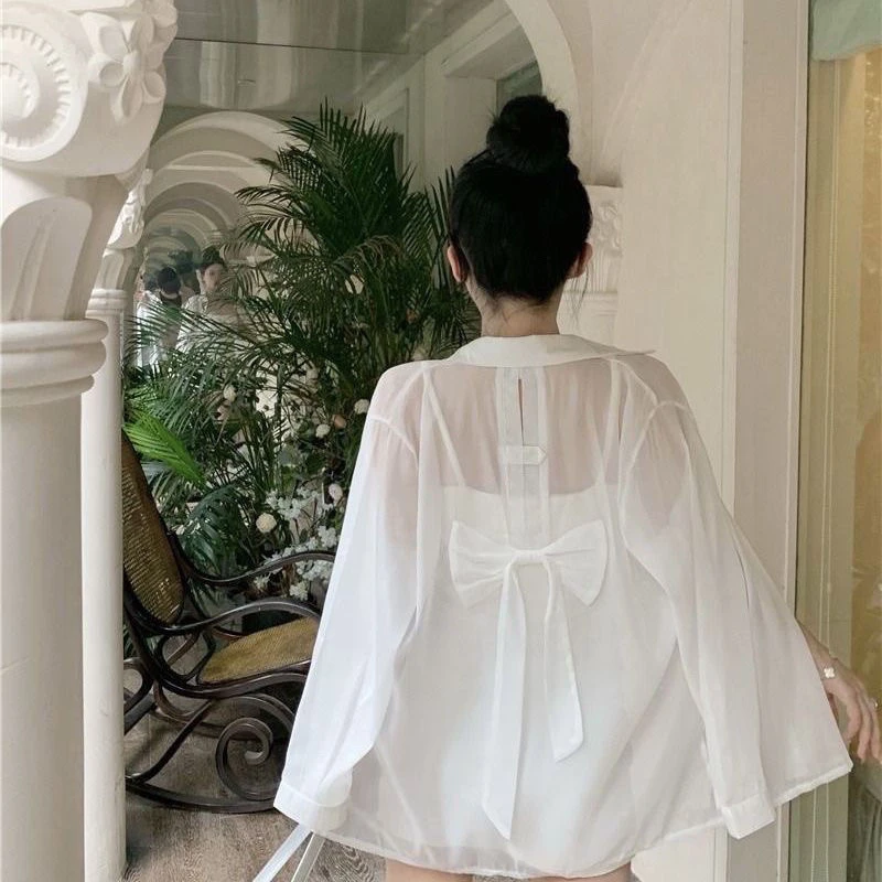 设计感结露背晒衬衫外套女夏薄纱雪纺冰丝开衫衬衣上衣外套