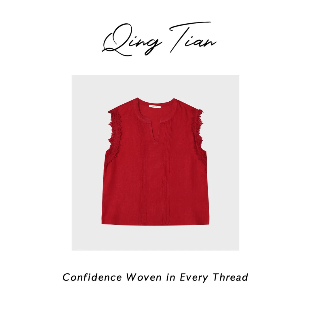 ”暴躁晴天专属“ 全亚麻拼接蕾丝 超美捏折上衣显瘦藏肉女   W-203