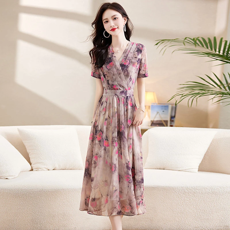 印花桑蚕丝连衣裙2025新款清新显瘦系带裙时尚优雅高腰过膝长裙