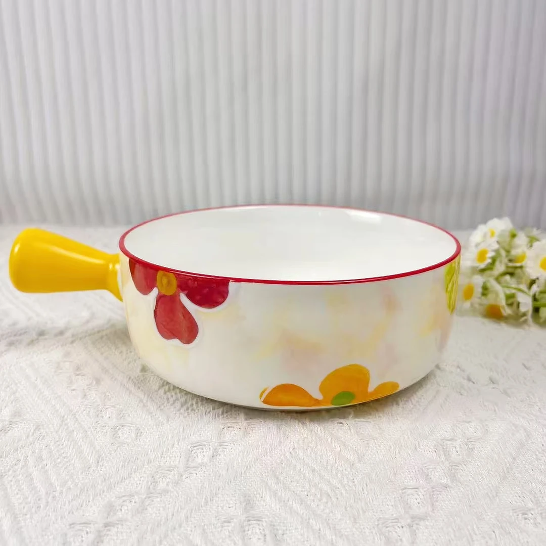 小清新烤碗釉下彩网红碗彩绘手柄碗8英寸1个装