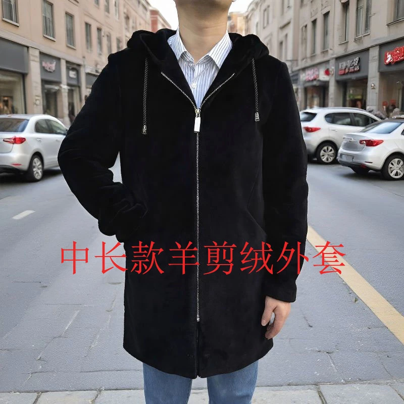 086008羊毛100%秋冬季羊剪绒大衣男中长款黑色全羊毛厚外套加厚