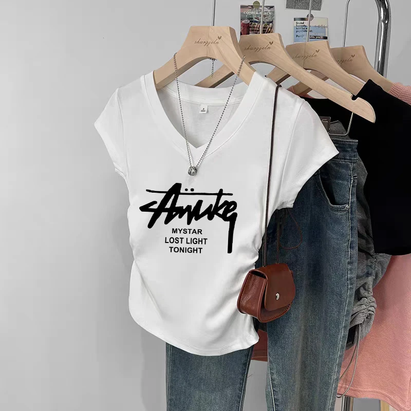 韩系潮流V领褶皱收腰短袖t恤女2025火爆修身版型时尚减龄休闲上衣