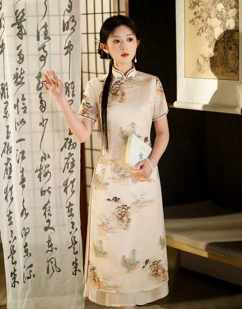 2025春夏新款奥黛旗袍裙中式复古改良越南奥黛优雅文艺复古旗袍裙