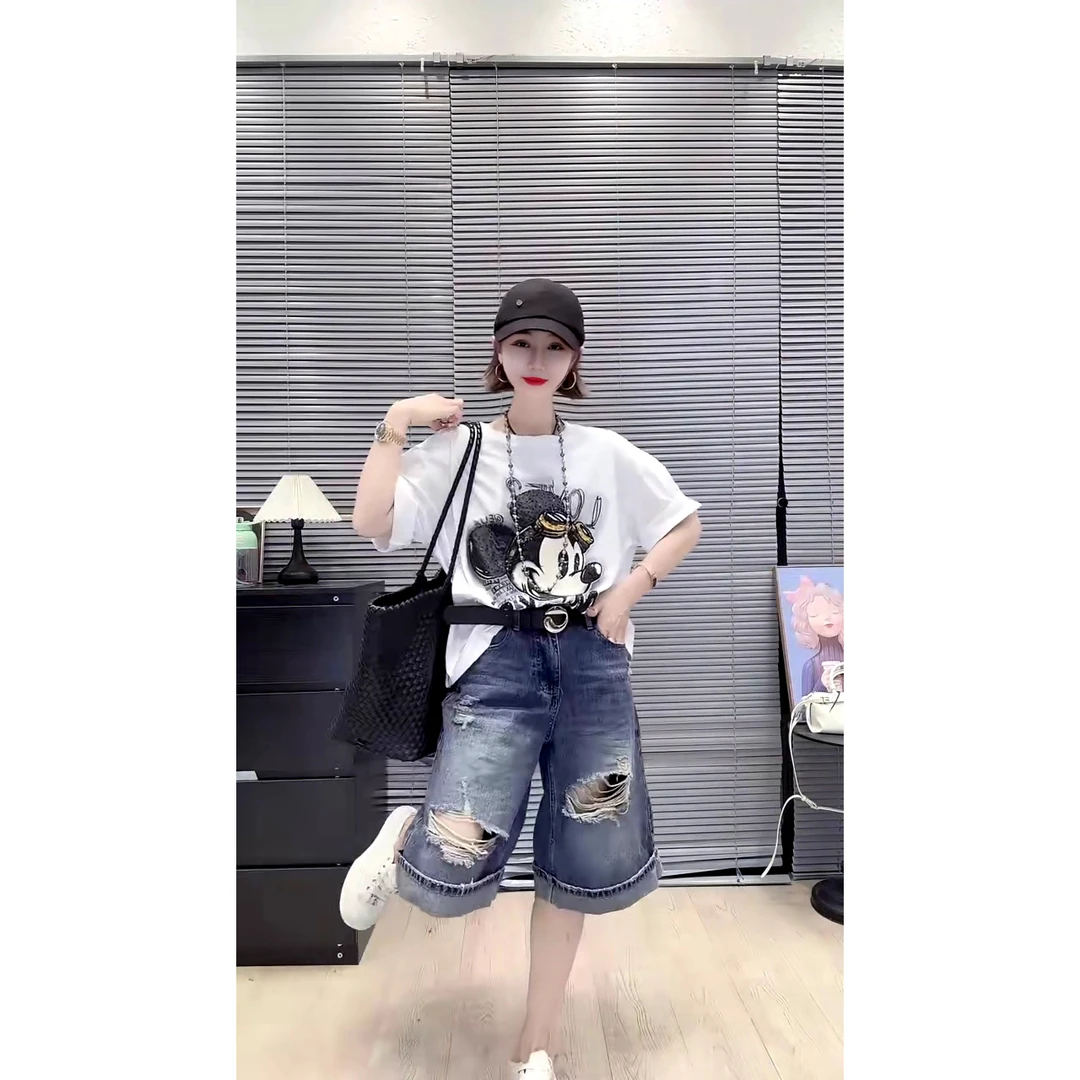 欧货休闲宽松大版炒色卡通米奇亮片圆领短袖T恤