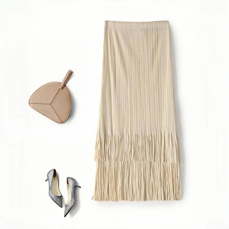 三宅流苏褶皱半身裙夏季复古显瘦松紧腰时尚百搭气质不规则半裙