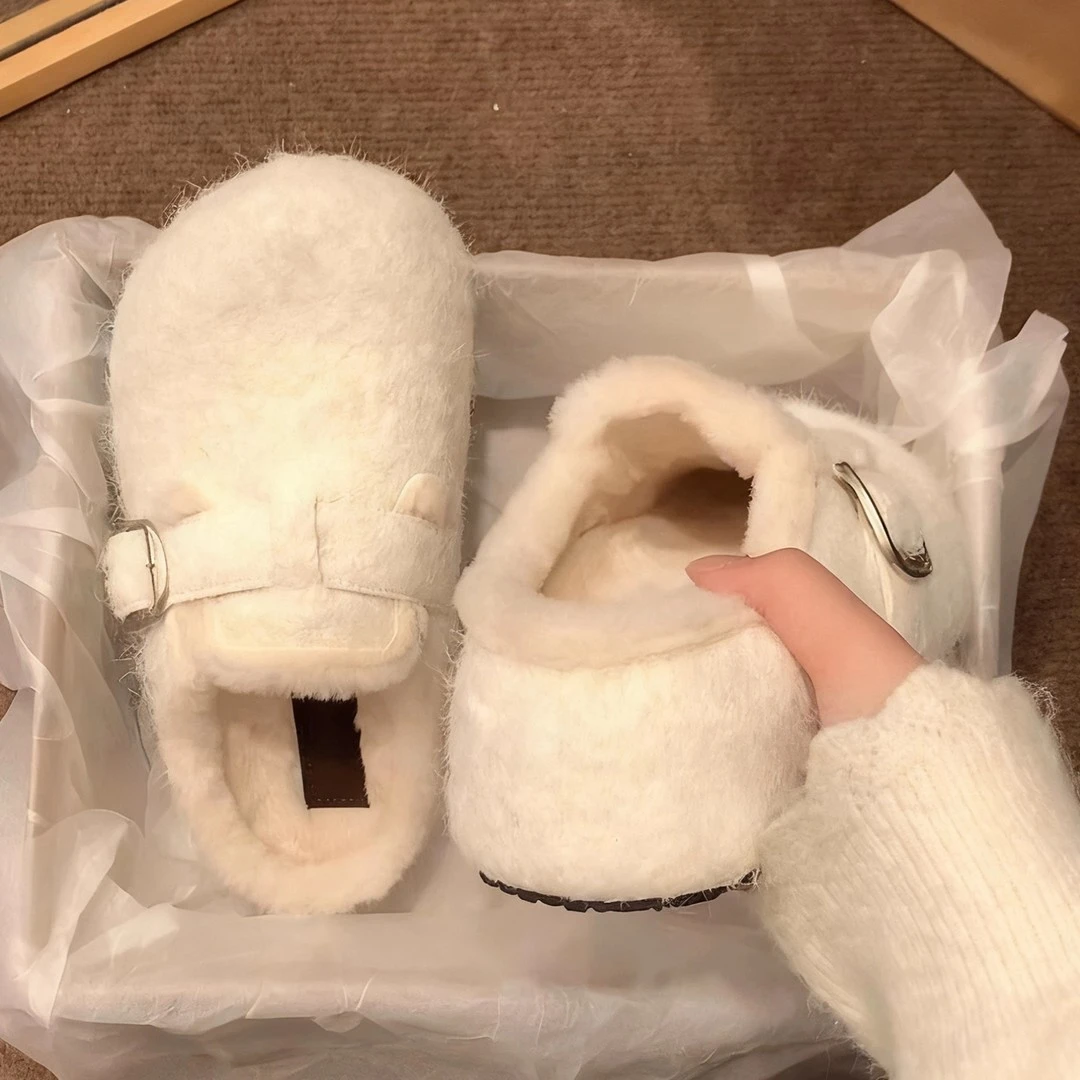 米色厚底增高毛毛拖鞋女2025新款冬季时尚外穿加绒保暖包头棉拖鞋