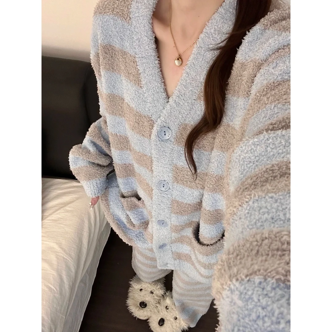 甜美少女撞色条纹针织半边绒睡衣女秋冬新款加绒加厚家居服两件套