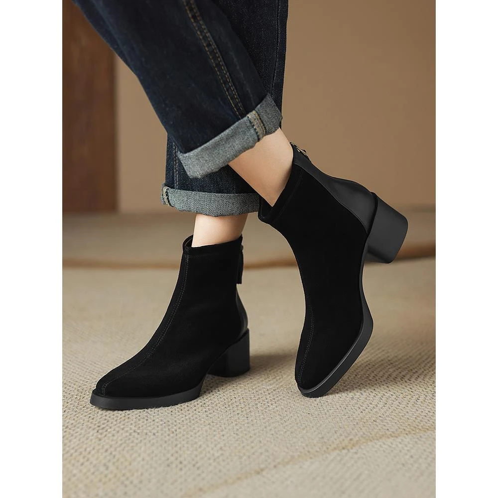 厚底粗跟短靴女2025秋冬季新款磨砂翻毛皮尖头大码靴子中跟踝靴41