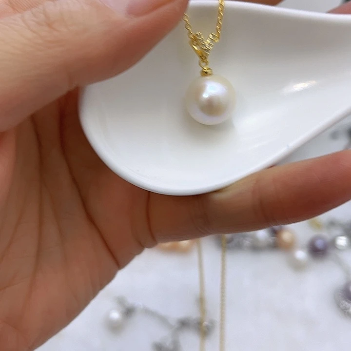 银S925镶嵌淡水珍珠白珠金色v扣