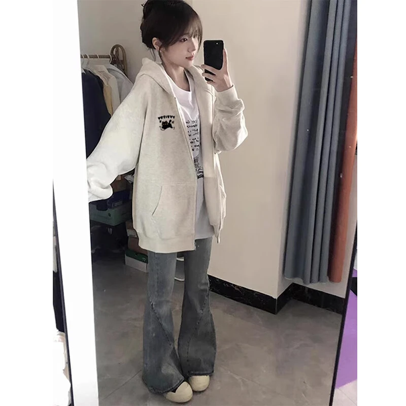 美式连帽拉链卫衣外套女2024新款秋冬加绒加厚宽松开衫慵懒风上衣