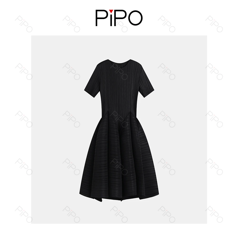 PIPO高腰裙子时尚设计师弹力连衣裙褶皱连衣裙法式DD52L815