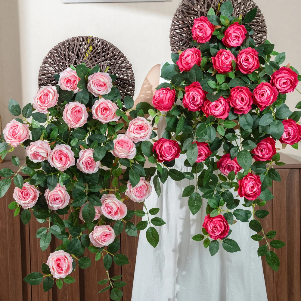 【送圆盘】仿真雪山玫瑰壁挂花阳台墙壁绿植物装饰假花吊花客厅挂墙