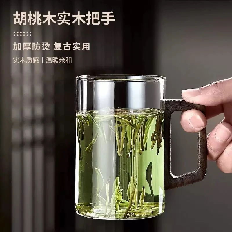 [禾器茶语】专属木把墨雨杯500ml透明高档耐热玻璃水杯茶具