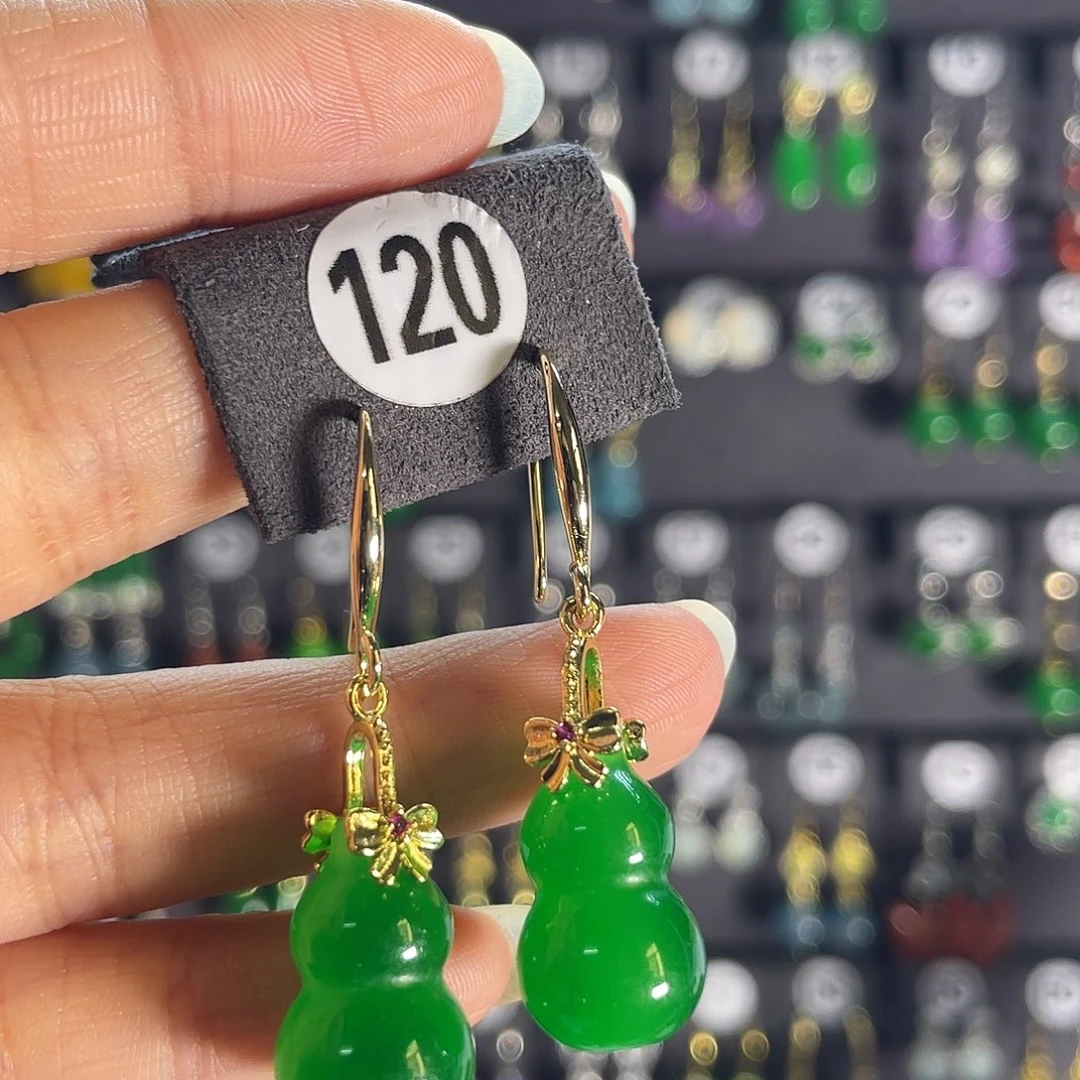翡翠银S925镶嵌耳饰120深绿色