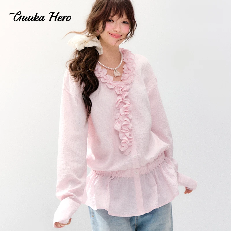 GUUKA HERO粉色木耳花边V领落肩中长款女法式收腰显瘦衬衣C61215