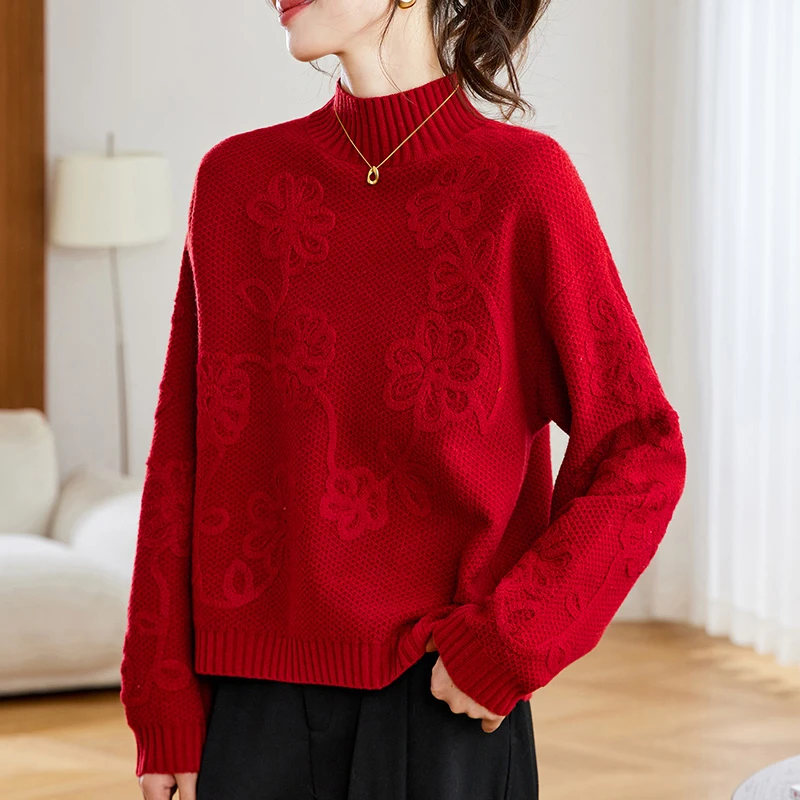 本命年红色毛衣女秋冬2026新款洋气妈妈冬季半高领羊毛针织打底衫