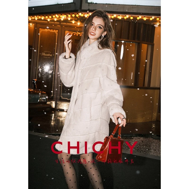 CHICHYCHICHY 人造皮草 白色高级中长款大衣女25冬季宽松毛毛外套