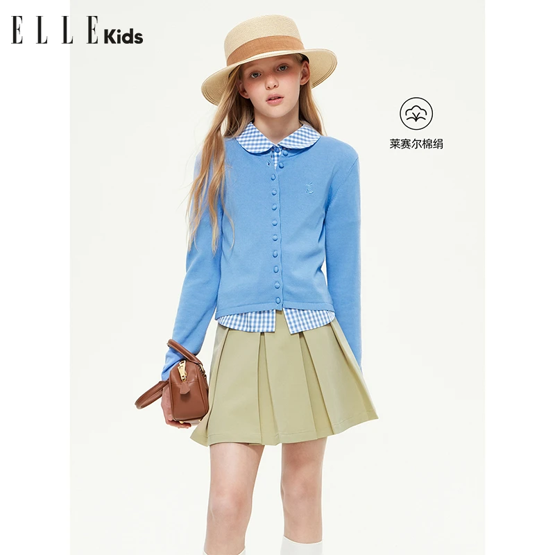 ELLE KIDS法式莱赛尔针织开衫女童春季新款经典包扣刺绣上衣S3