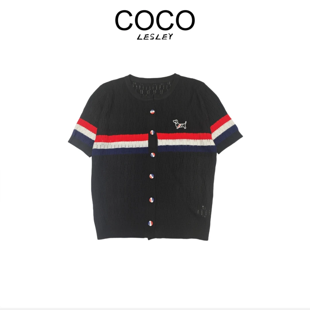 【COCO LESLEY】简约百搭撞色开衫刺绣圆领针织衫女显瘦上衣X188